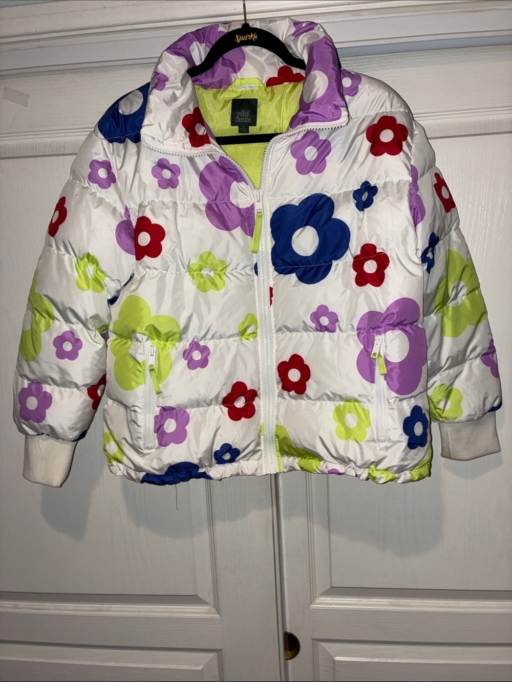 wild fable White Floral Puffer Jacket with Purple, Blue, Red & Lime Flowers